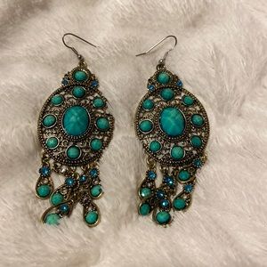 Gypsy Bohemian Turquoise Dangle Chandelier Statement Earrings